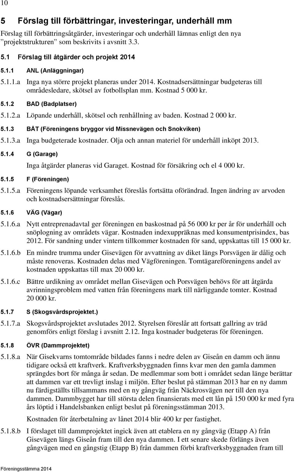 1.2.a Löpande underhåll, skötsel och renhållning av baden. Kostnad 2 000 kr. 5.1.3 BÅT (Föreningens bryggor vid Missnevägen och Snokviken) 5.1.3.a Inga budgeterade kostnader.