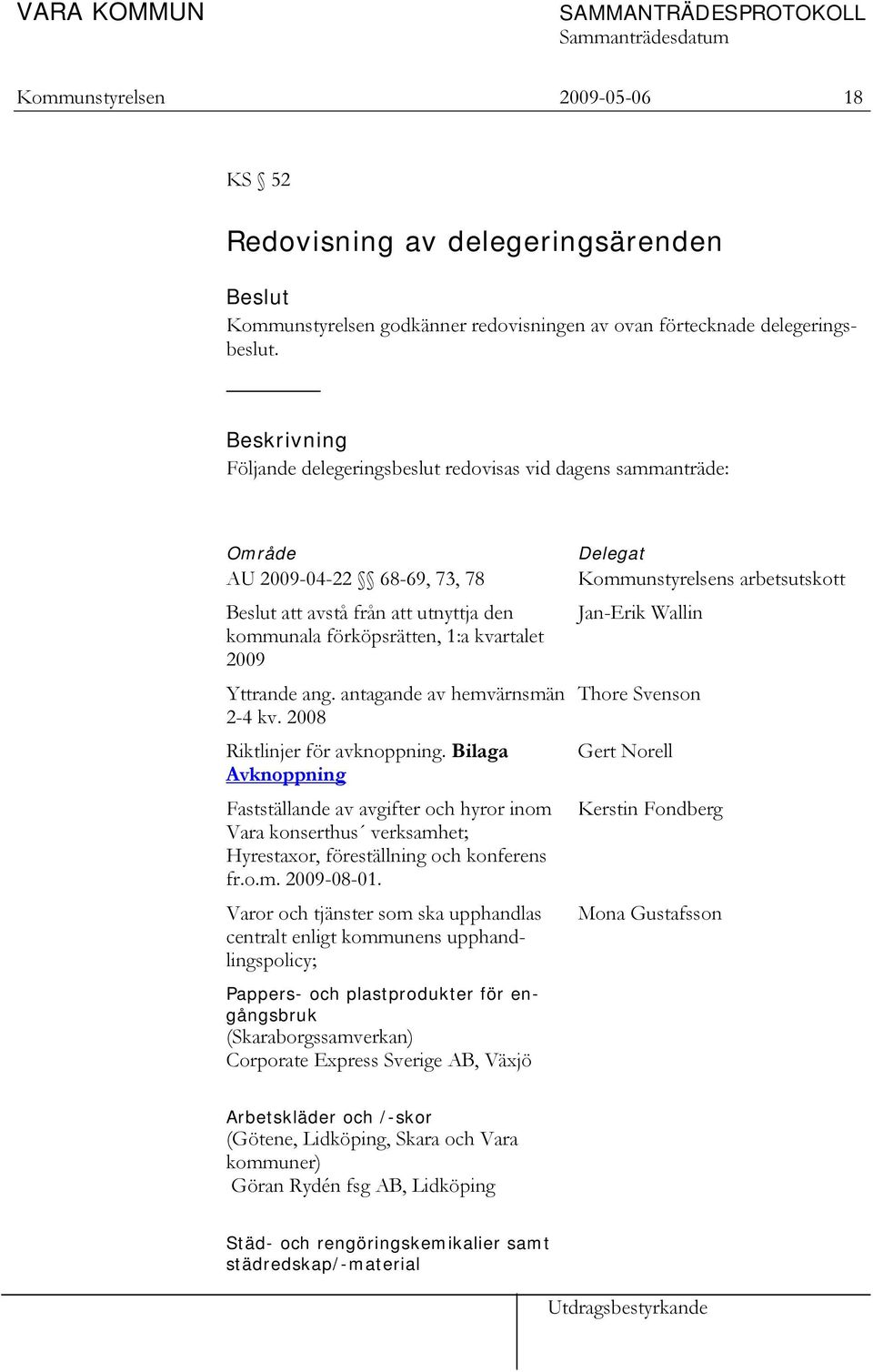 Beskrivning Följande delegeringsbeslut redovisas vid dagens sammanträde: Område AU 2009-04-22 68-69, 73, 78 Beslut att avstå från att utnyttja den kommunala förköpsrätten, 1:a kvartalet 2009 Yttrande