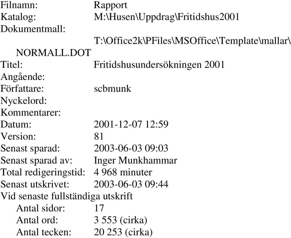 Version: 81 Senast sparad: 2003-06-03 09:03 Senast sparad av: Inger Munkhammar Total redigeringstid: 4 968 minuter Senast