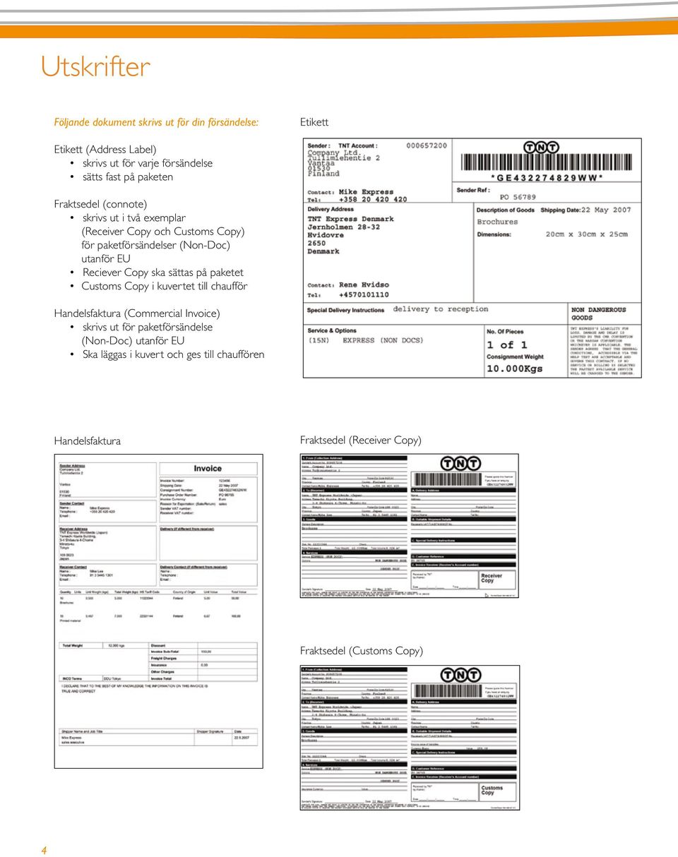 Reciever Copy ska sättas på paketet Customs Copy i kuvertet till chaufför Handelsfaktura (Commercial Invoice) skrivs ut för