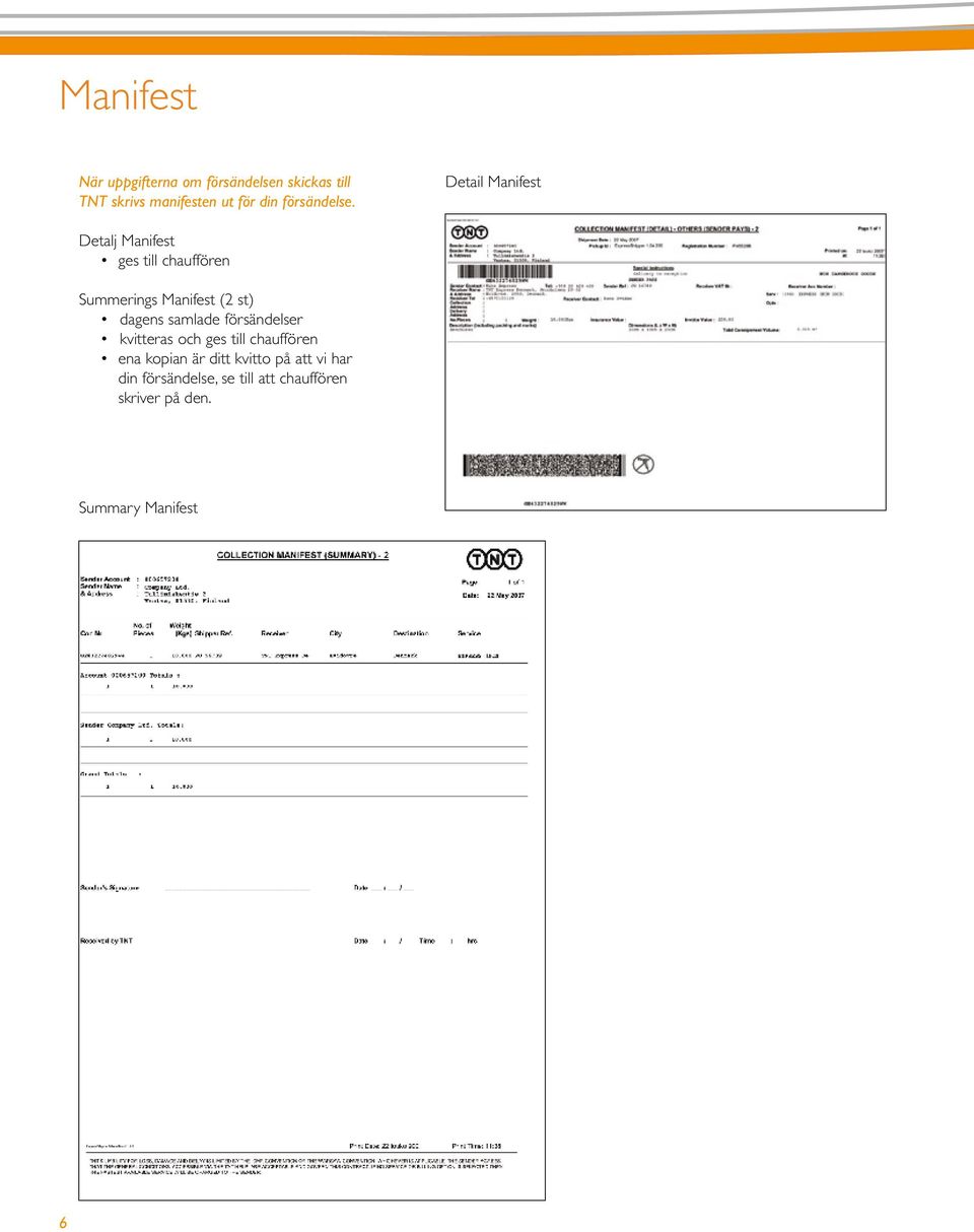 Detail Manifest Detalj Manifest ges till chauffören Summerings Manifest (2 st) dagens