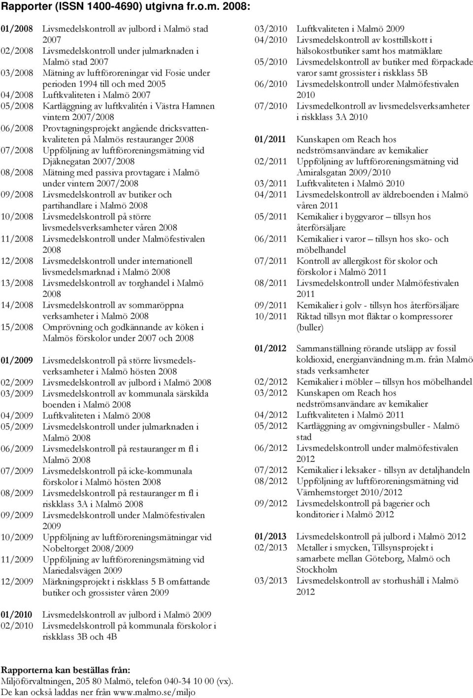 och med 2005 04/2008 Luftkvaliteten i Malmö 2007 05/2008 Kartläggning av luftkvalitén i Västra Hamnen vintern 2007/2008 06/2008 Provtagningsprojekt angående dricksvattenkvaliteten på Malmös