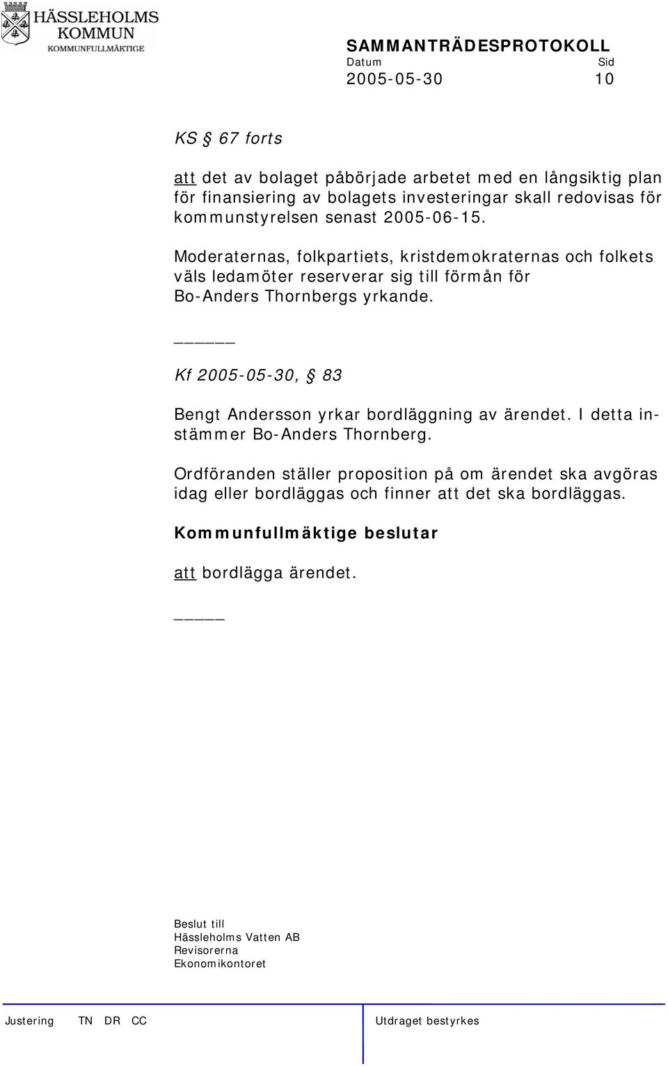 Moderaternas, folkpartiets, kristdemokraternas och folkets väls ledamöter reserverar sig till förmån för Bo-Anders Thornbergs yrkande.