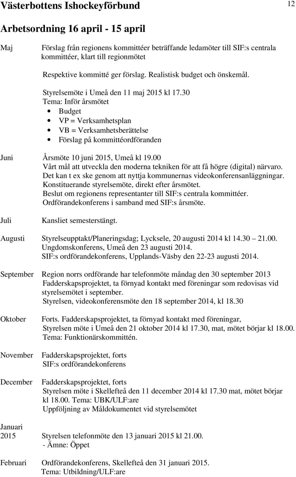 30 Tema: Inför årsmötet Budget VP = Verksamhetsplan VB = Verksamhetsberättelse Förslag på kommittéordföranden Juni Årsmöte 10 juni 2015, Umeå kl 19.