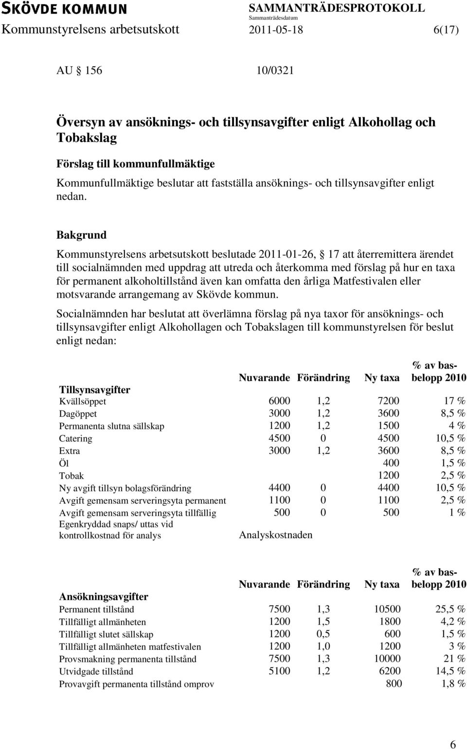 Kommunstyrelsens arbetsutskott beslutade 2011-01-26, 17 att återremittera ärendet till socialnämnden med uppdrag att utreda och återkomma med förslag på hur en taxa för permanent alkoholtillstånd