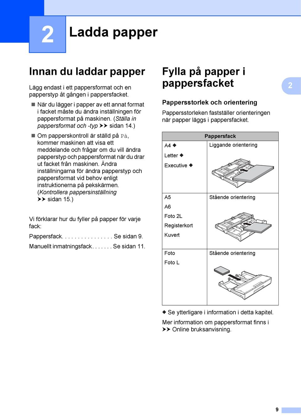 ) Om papperskontroll är ställd på På, kommer maskinen att visa ett meddelande och frågar om du vill ändra papperstyp och pappersformat när du drar ut facket från maskinen.