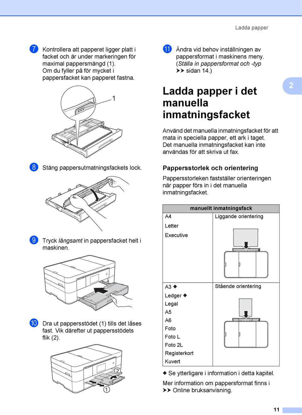 ) Ladda papper i det manuella inmatningsfacket 2 Använd det manuella inmatningsfacket för att mata in speciella papper, ett ark i taget.