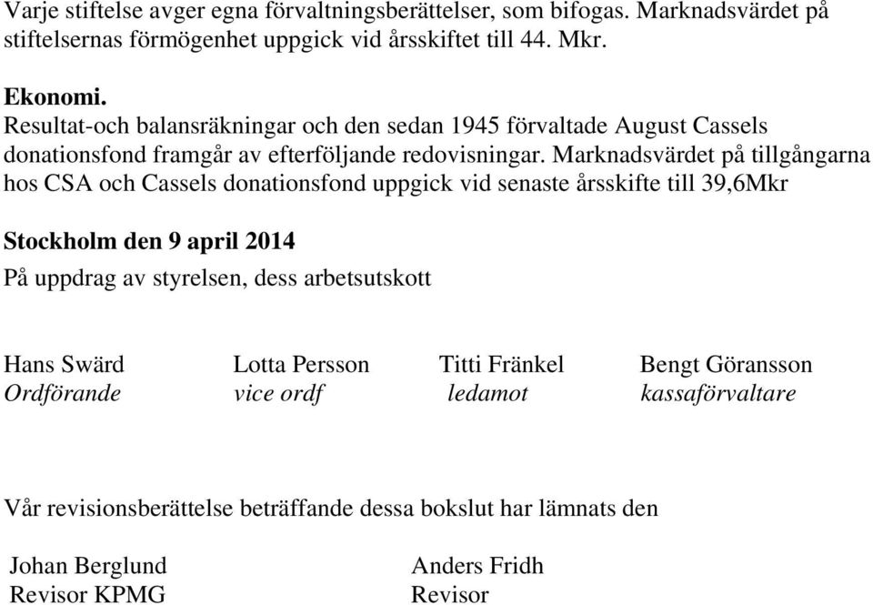 Marknadsvärdet på tillgångarna hos CSA och Cassels donationsfond uppgick vid senaste årsskifte till 39,6Mkr Stockholm den 9 april 2014 På uppdrag av styrelsen, dess