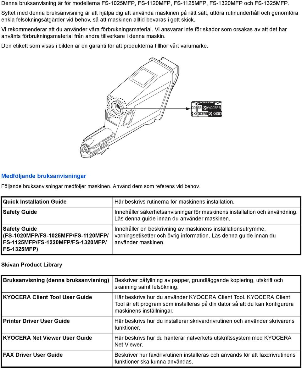 skick. Vi rekommenderar att du använder våra förbrukningsmaterial. Vi ansvarar inte för skador som orsakas av att det har använts förbrukningsmaterial från andra tillverkare i denna maskin.