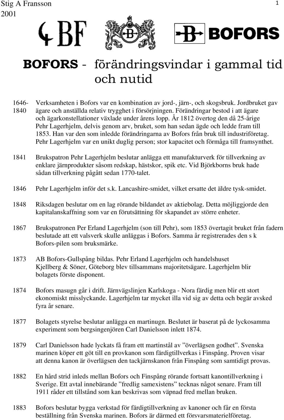 År 1812 övertog den då 25-årige Pehr Lagerhjelm, delvis genom arv, bruket, som han sedan ägde och ledde fram till 1853. Han var den som inledde förändringarna av Bofors från bruk till industriföretag.