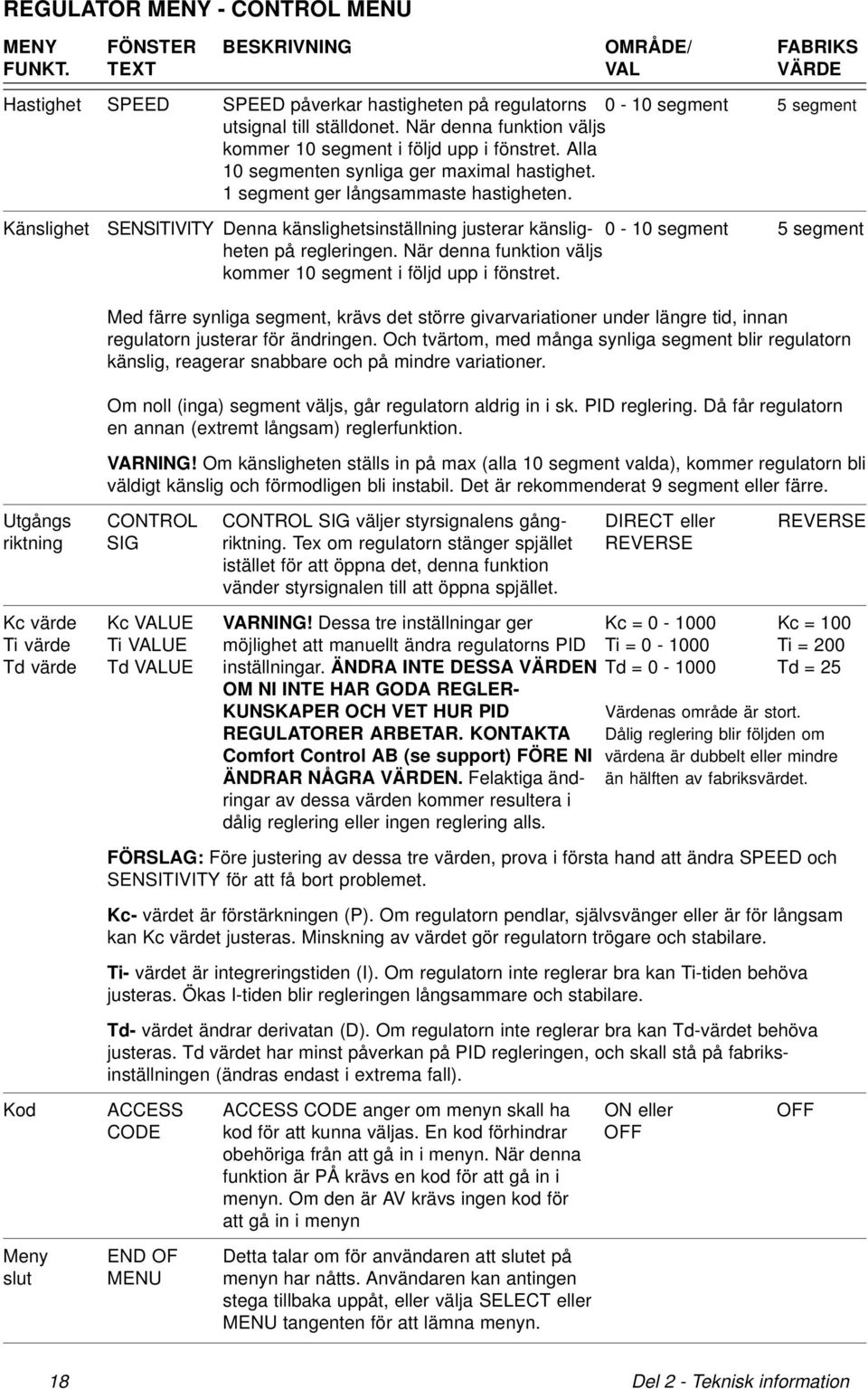 Känslighet SENSITIVITY Denna känslighetsinställning justerar känslig- 0-10 segment 5 segment heten på regleringen. När denna funktion väljs kommer 10 segment i följd upp i fönstret.