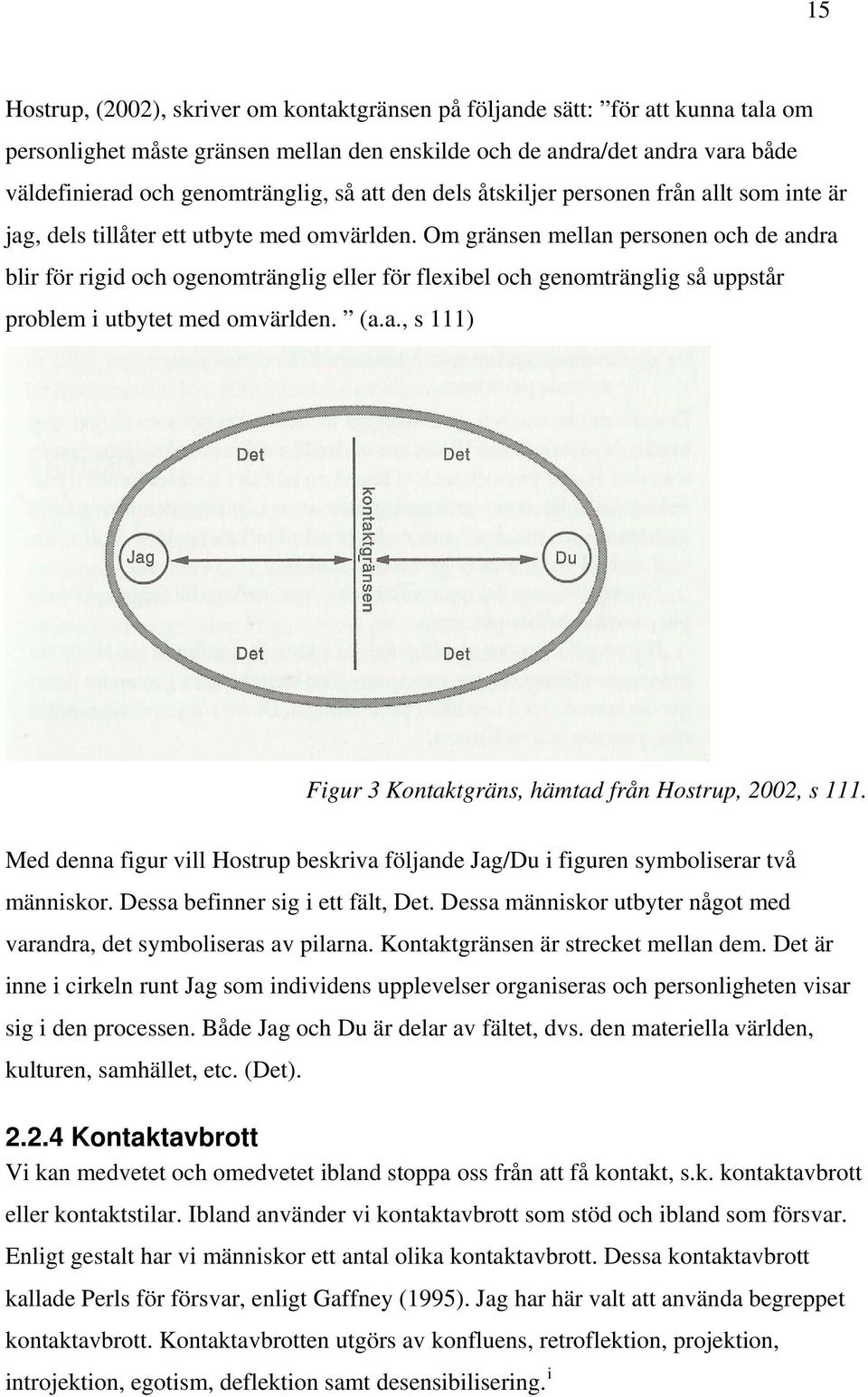 Om gränsen mellan personen och de andra blir för rigid och ogenomtränglig eller för flexibel och genomtränglig så uppstår problem i utbytet med omvärlden. (a.a., s 111) Figur 3 Kontaktgräns, hämtad från Hostrup, 2002, s 111.