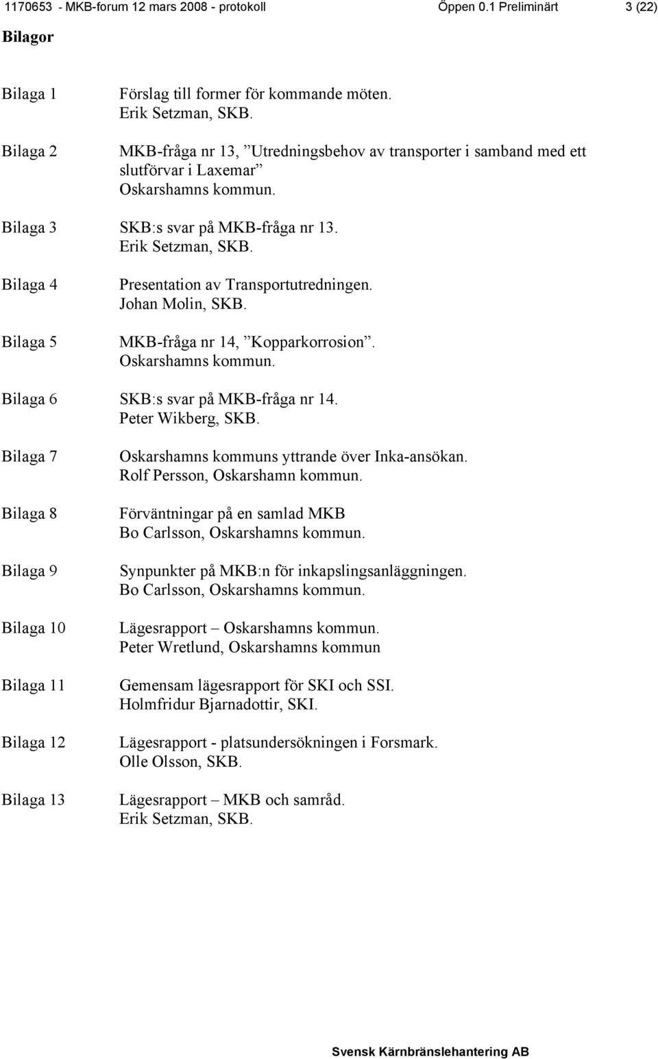 Bilaga 4 Bilaga 5 Presentation av Transportutredningen. Johan Molin, SKB. MKB-fråga nr 14, Kopparkorrosion. Oskarshamns kommun. Bilaga 6 SKB:s svar på MKB-fråga nr 14. Peter Wikberg, SKB.