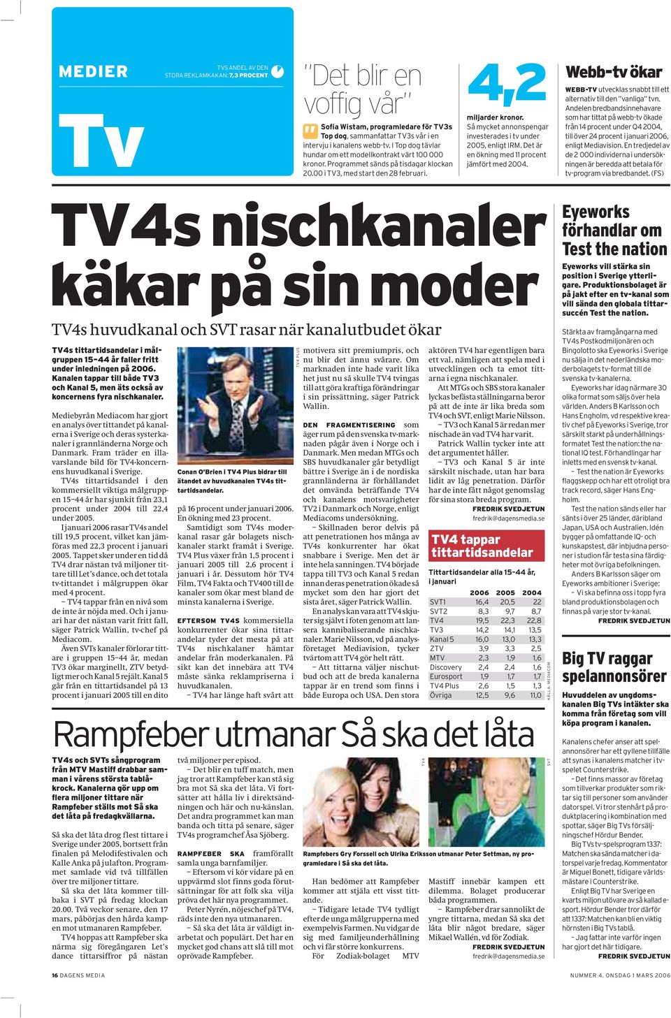 Så mycket annonspengar investerades i tv under 2005, enligt IRM. Det är en ökning med 11 procent jämfört med 2004. Webb-tv ökar WEBB-TV utvecklas snabbt till ett alternativ till den vanliga tvn.