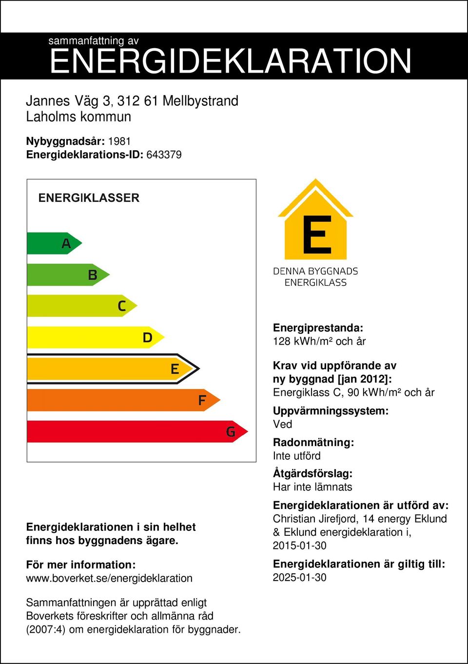 se/energideklaration Krav vid uppförande av ny byggnad [jan 2012]: Energiklass C, 90 /m² och år Uppvärmningssystem: Ved Radonmätning: Inte utförd Åtgärdsförslag: Har inte lämnats