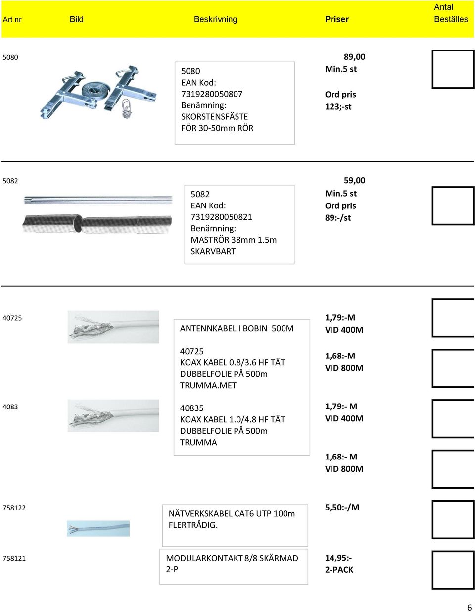 MASTRÖR 38mm 1.5m SKARVBART Min.5 st Ord pris 89:-/st 40725 1,79:-M ANTENNKABEL I BOBIN 500M VID 400M 40725 KOAX KABEL 0.8/3.