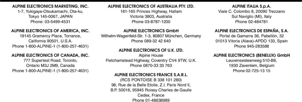 777 Supertest Road, Toronto, Ontario M3J 2M9, Canada Phone 1-800-ALPINE-1 (1-800-257-4631) ALPINE ELECTRONICS OF AUSTRALIA PTY. LTD.