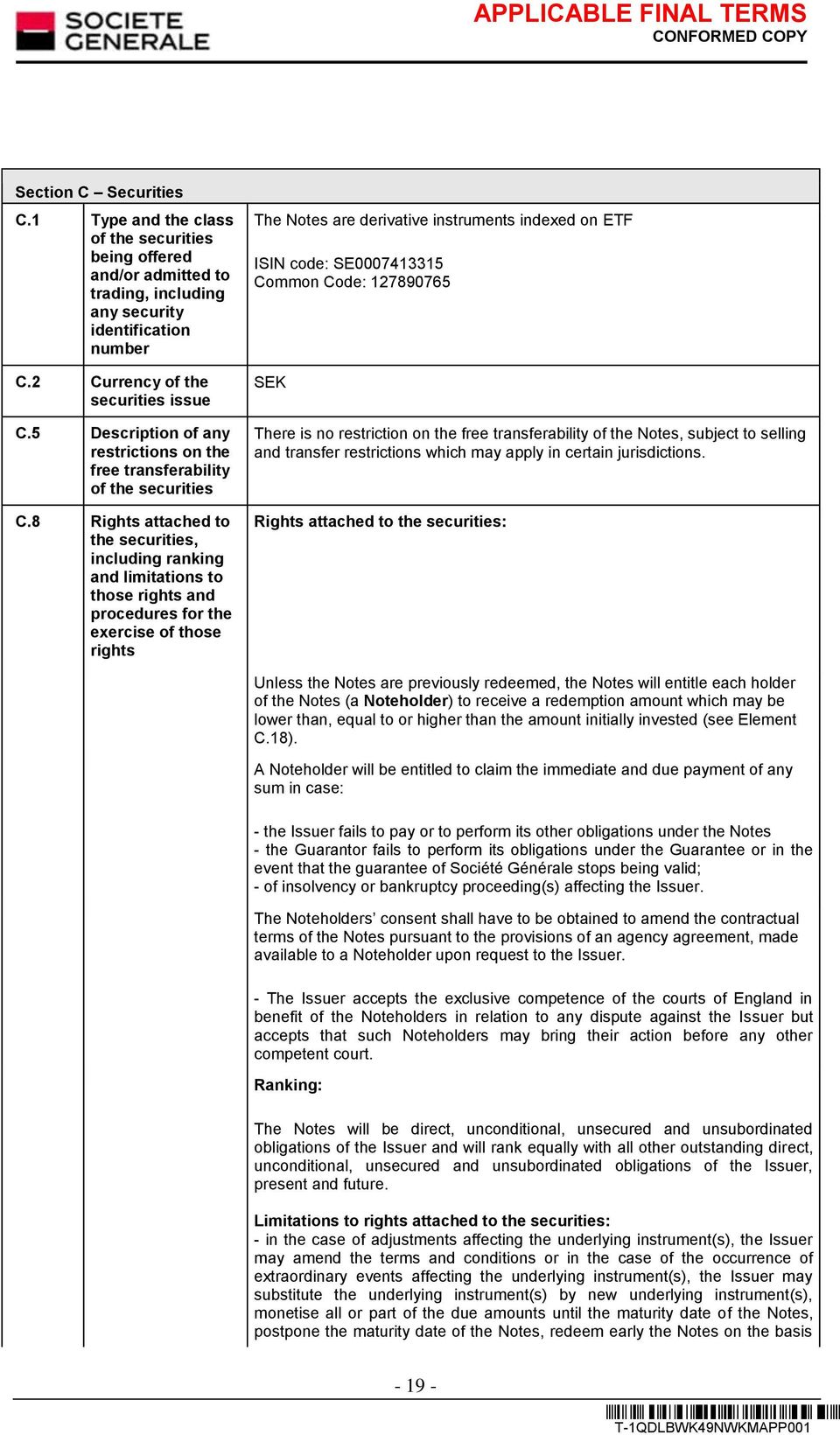 8 Rights attached to the securities, including ranking and limitations to those rights and procedures for the exercise of those rights The Notes are derivative instruments indexed on ETF ISIN code: