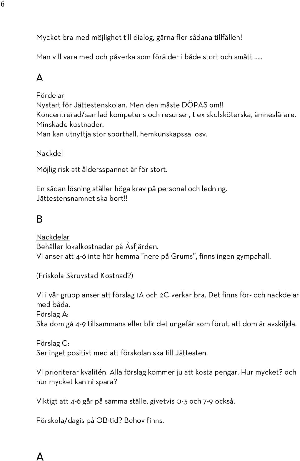 Nackdel Möjlig risk att åldersspannet är för stort. En sådan lösning ställer höga krav på personal och ledning. Jättestensnamnet ska bort!! B Nackdelar Behåller lokalkostnader på Åsfjärden.