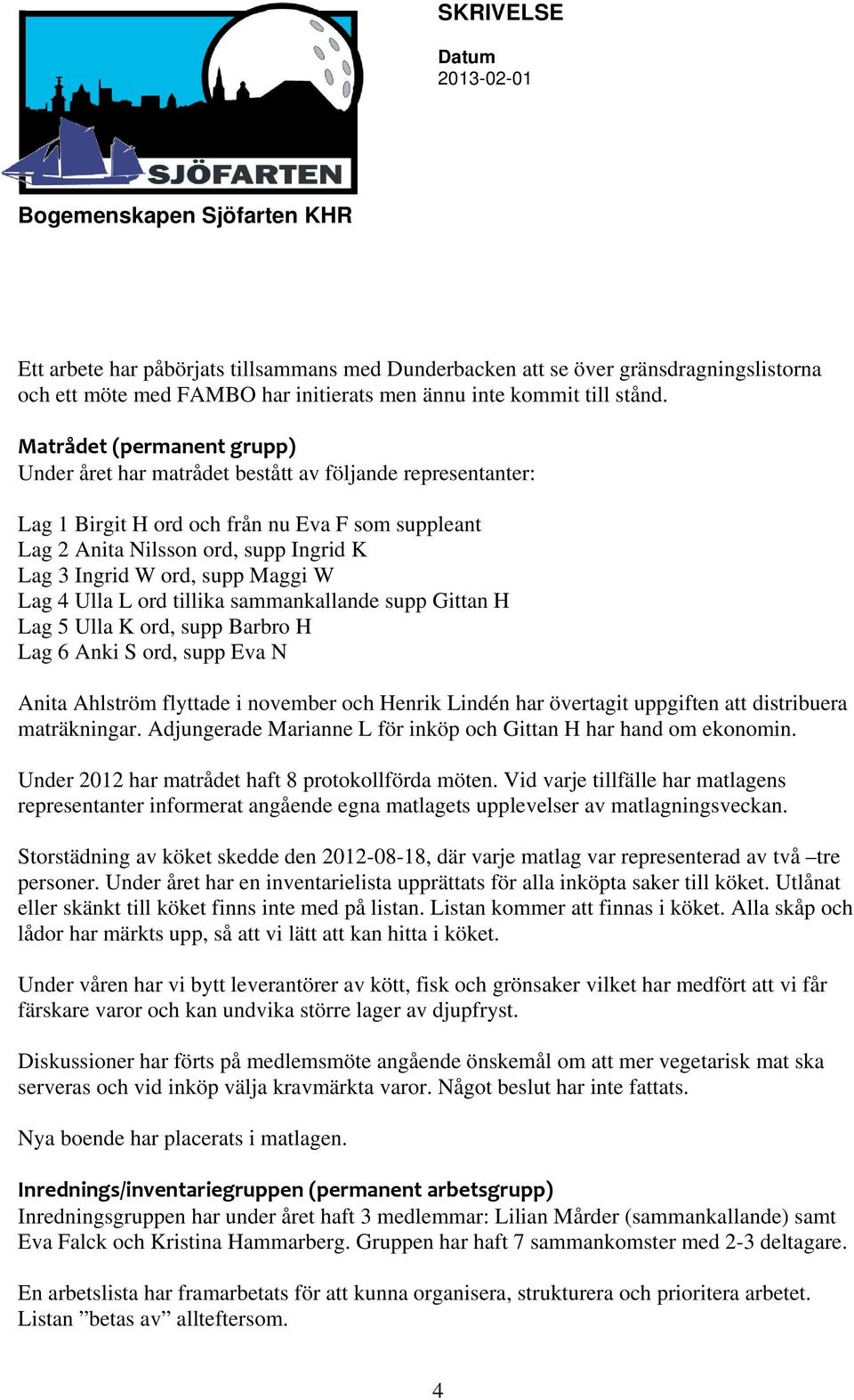 supp Maggi W Lag 4 Ulla L ord tillika sammankallande supp Gittan H Lag 5 Ulla K ord, supp Barbro H Lag 6 Anki S ord, supp Eva N Anita Ahlström flyttade i november och Henrik Lindén har övertagit