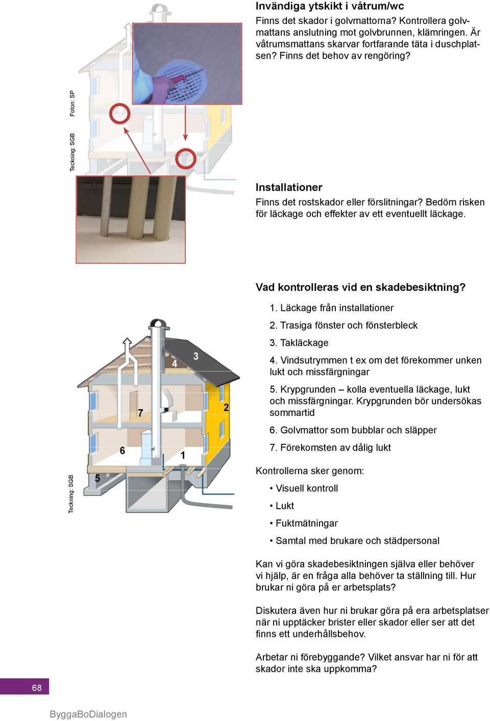 Bedöm risken för läckage och effekter av ett eventuellt läckage. Vad kontrolleras vid en skadebesiktning? 1. Läckage från installationer 2. Trasiga fönster och fönsterbleck 3. Takläckage 4.