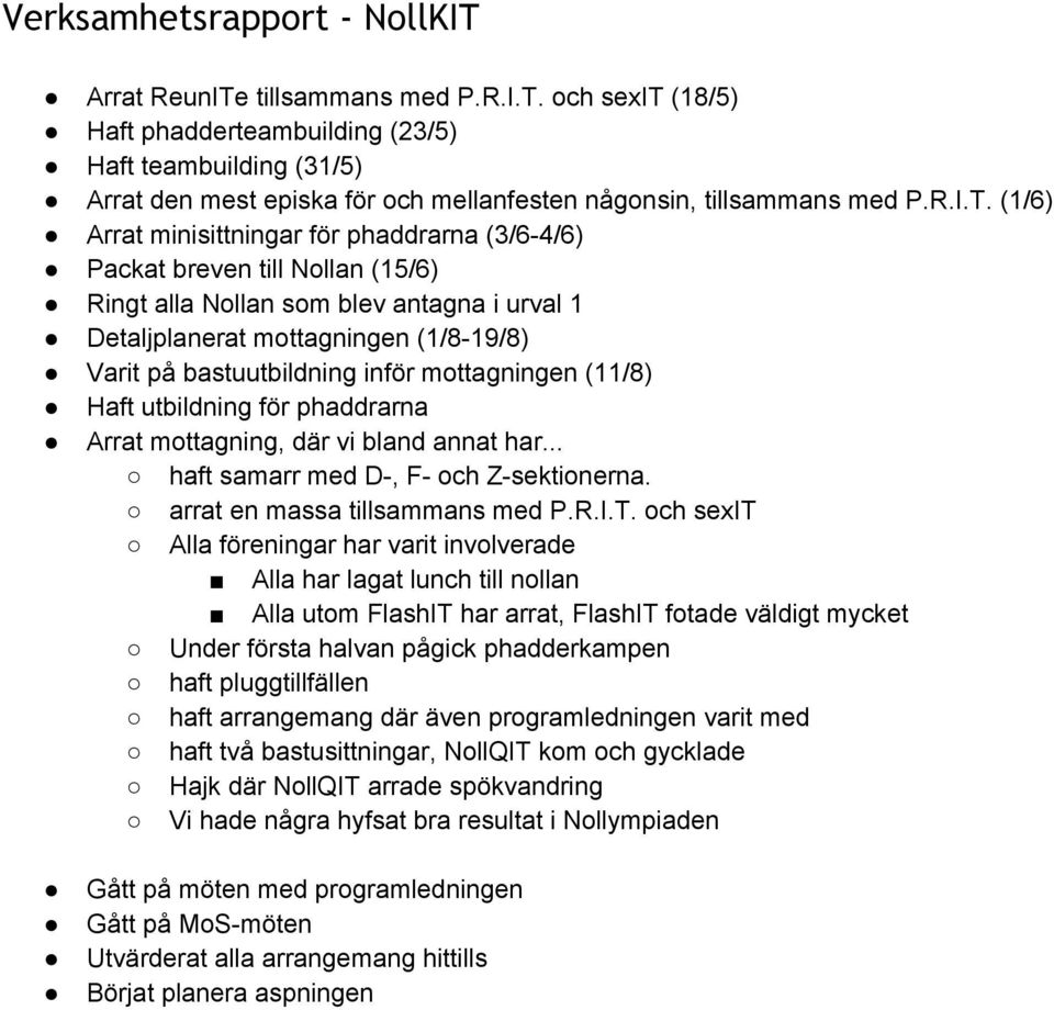 (1/6) Arrat minisittningar för phaddrarna (3/6 4/6) Packat breven till Nollan (15/6) Ringt alla Nollan som blev antagna i urval 1 Detaljplanerat mottagningen (1/8 19/8) Varit på bastuutbildning inför