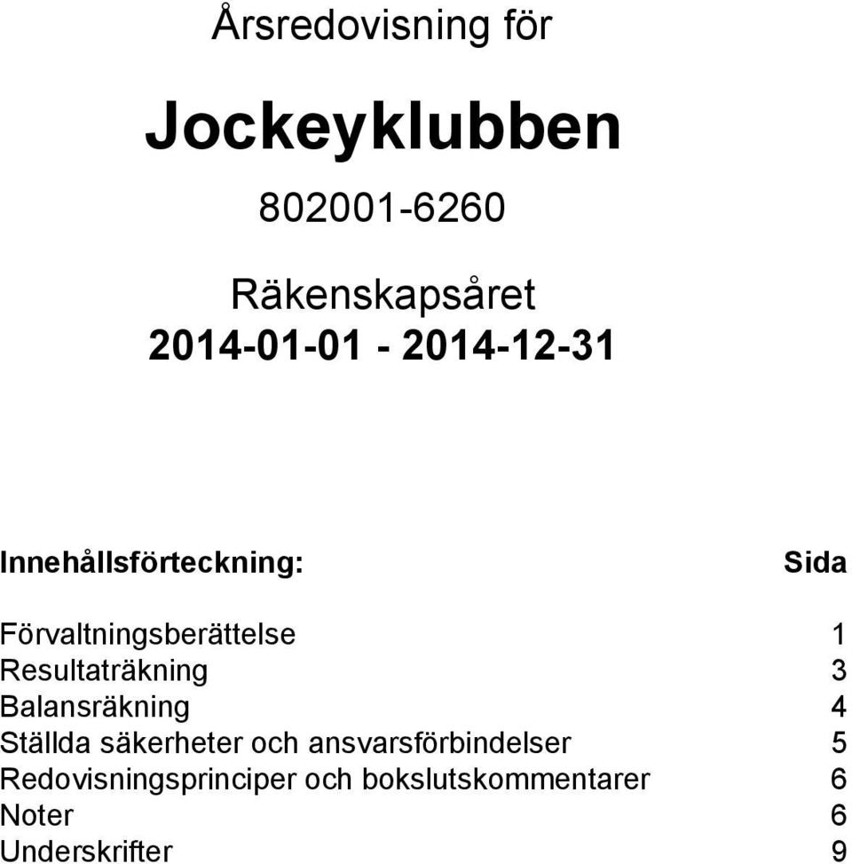 Förvaltningsberättelse 1 Resultaträkning 3 Balansräkning 4 Ställda