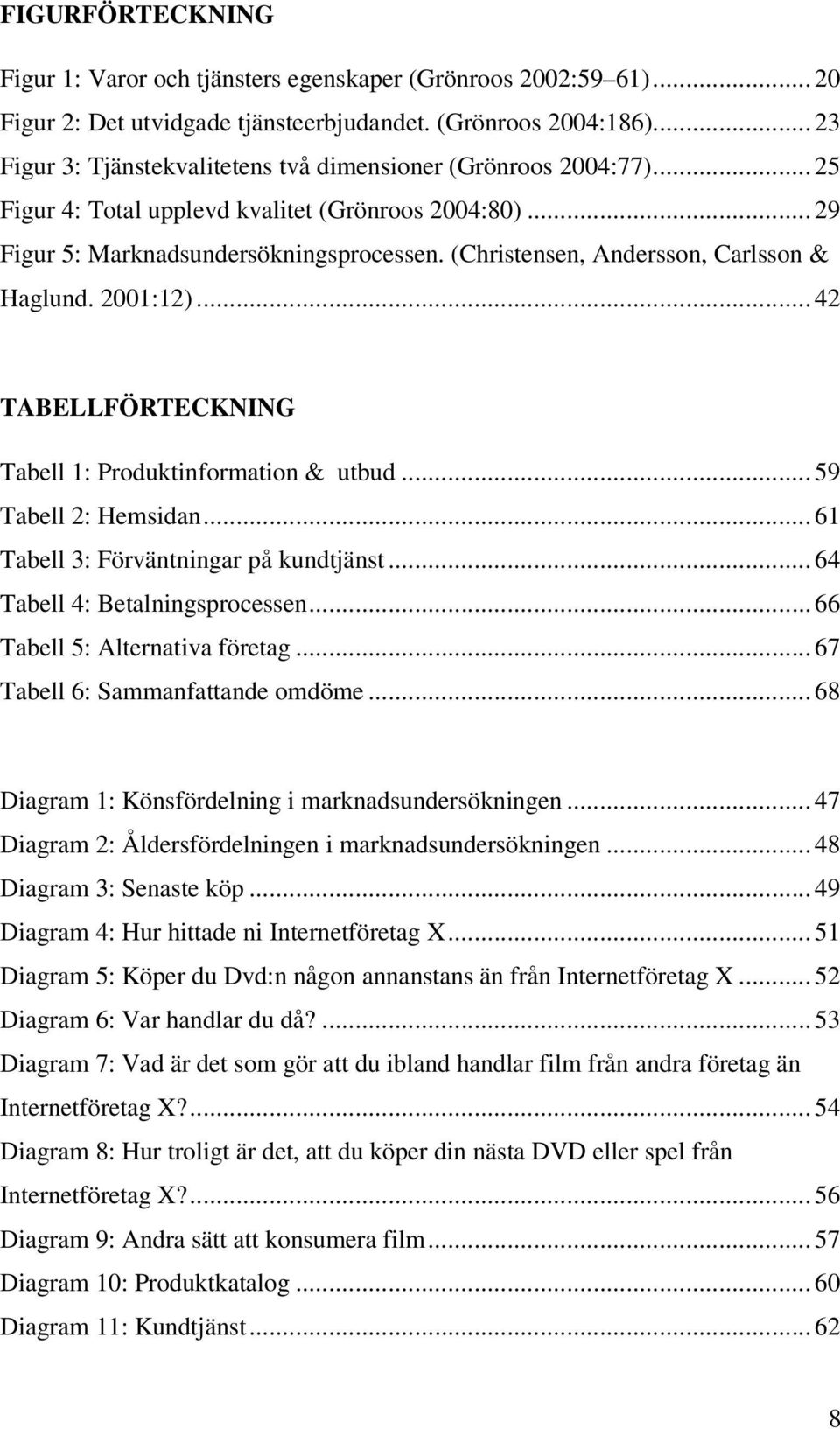 (Christensen, Andersson, Carlsson & Haglund. 2001:12)... 42 TABELLFÖRTECKNING Tabell 1: Produktinformation & utbud... 59 Tabell 2: Hemsidan... 61 Tabell 3: Förväntningar på kundtjänst.