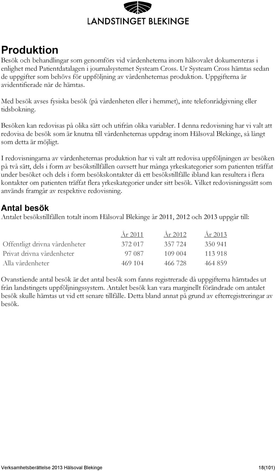 Med besök avses fysiska besök (på vårdenheten eller i hemmet), inte telefonrådgivning eller tidsbokning. Besöken kan redovisas på olika sätt och utifrån olika variabler.