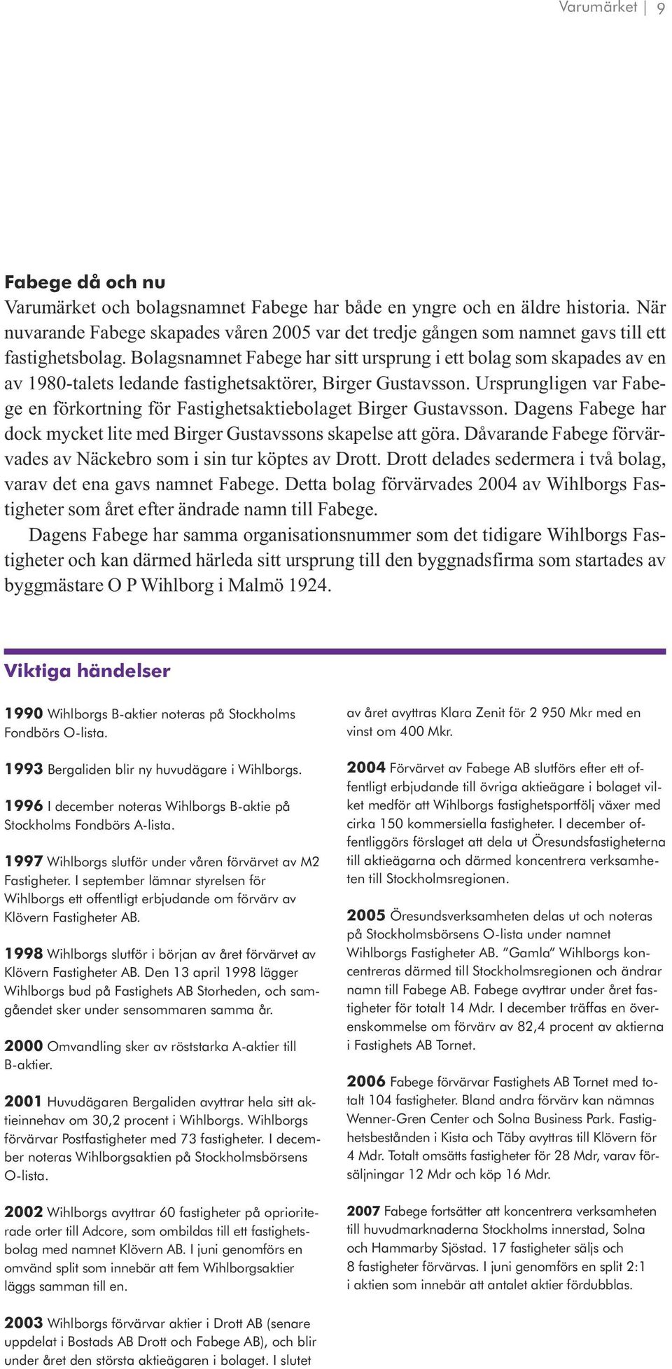 Bolagsnamnet Fabege har sitt ursprung i ett bolag som skapades av en av 1980-talets ledande fastighetsaktörer, Birger Gustavsson.