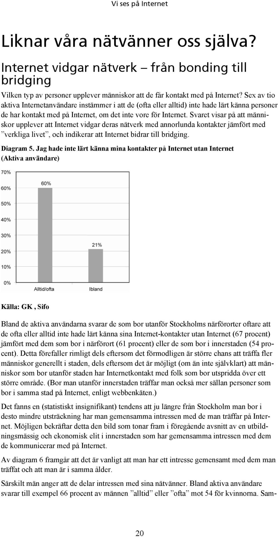 Svaret visar på att människor upplever att Internet vidgar deras nätverk med annorlunda kontakter jämfört med verkliga livet, och indikerar att Internet bidrar till bridging. Diagram 5.