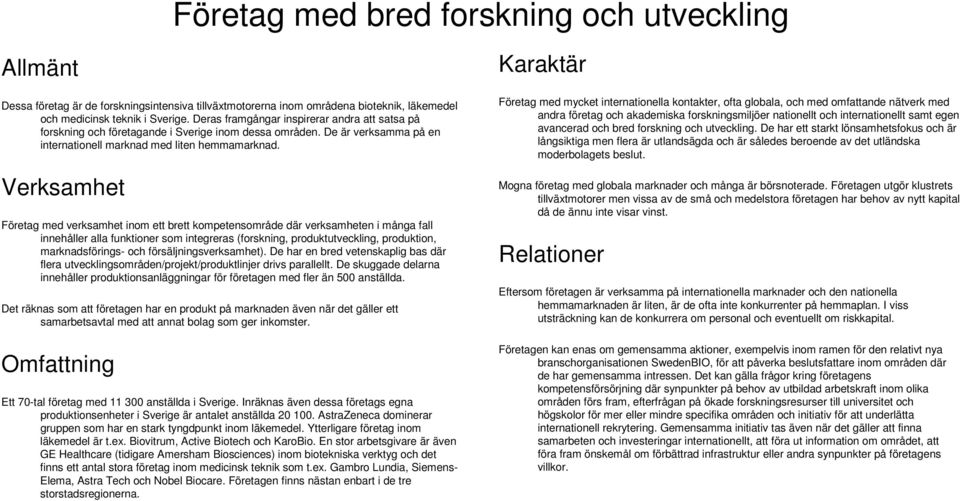 Verksamhet Företag med verksamhet inom ett brett kompetensområde där verksamheten i många fall innehåller alla funktioner som integreras (forskning, produktutveckling, produktion, marknadsförings-