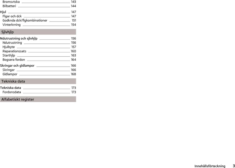 Reparationssats 160 Starthjlp 163 Bogsera fordon 164 Skringar och gldlampor 166 Skringar 166