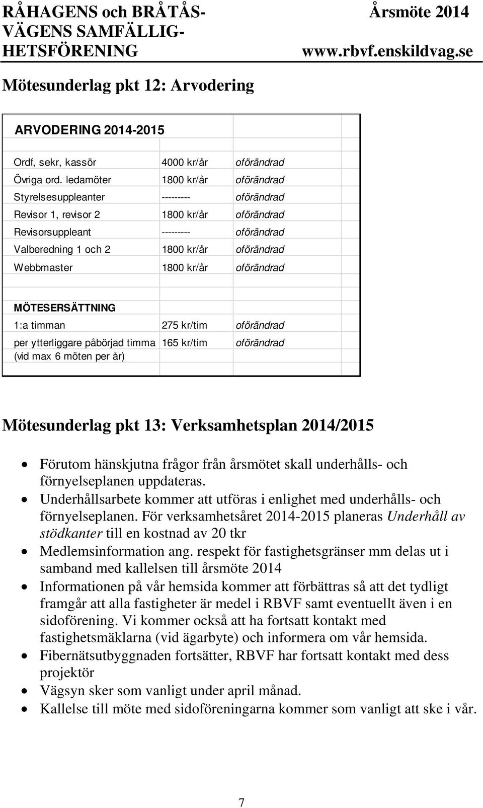 Webbmaster 1800 kr/år oförändrad MÖTESERSÄTTNING 1:a timman 275 kr/tim oförändrad per ytterliggare påbörjad timma 165 kr/tim oförändrad (vid max 6 möten per år) Mötesunderlag pkt 13: Verksamhetsplan