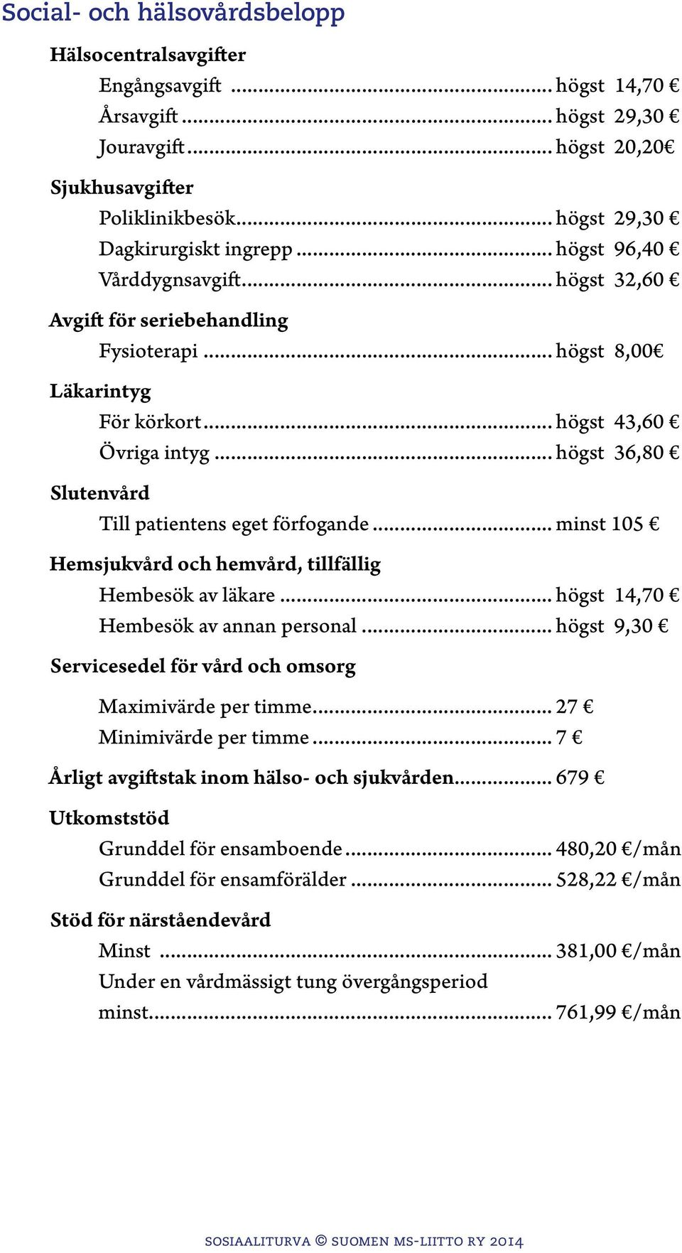 .. högst 36,80 Slutenvård Till patientens eget förfogande... minst 105 Hemsjukvård och hemvård, tillfällig Hembesök av läkare... högst 14,70 Hembesök av annan personal.