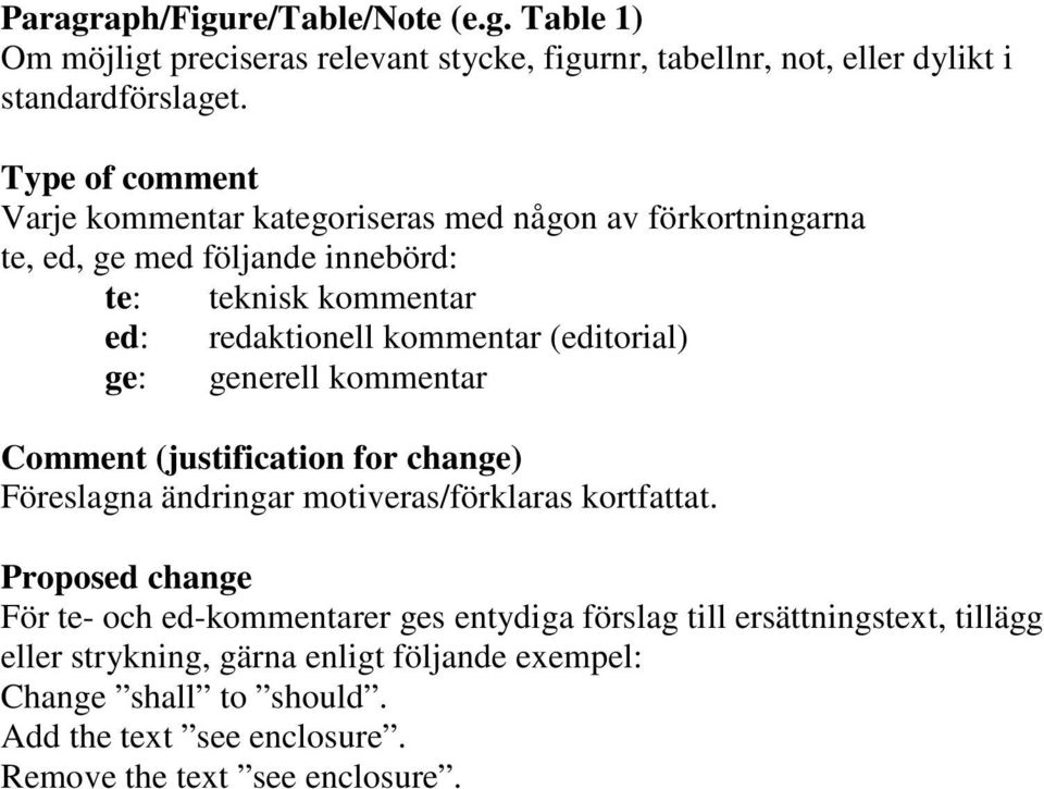 (editorial) ge: generell kommentar Comment (justification for change) Föreslagna ändringar motiveras/förklaras kortfattat.