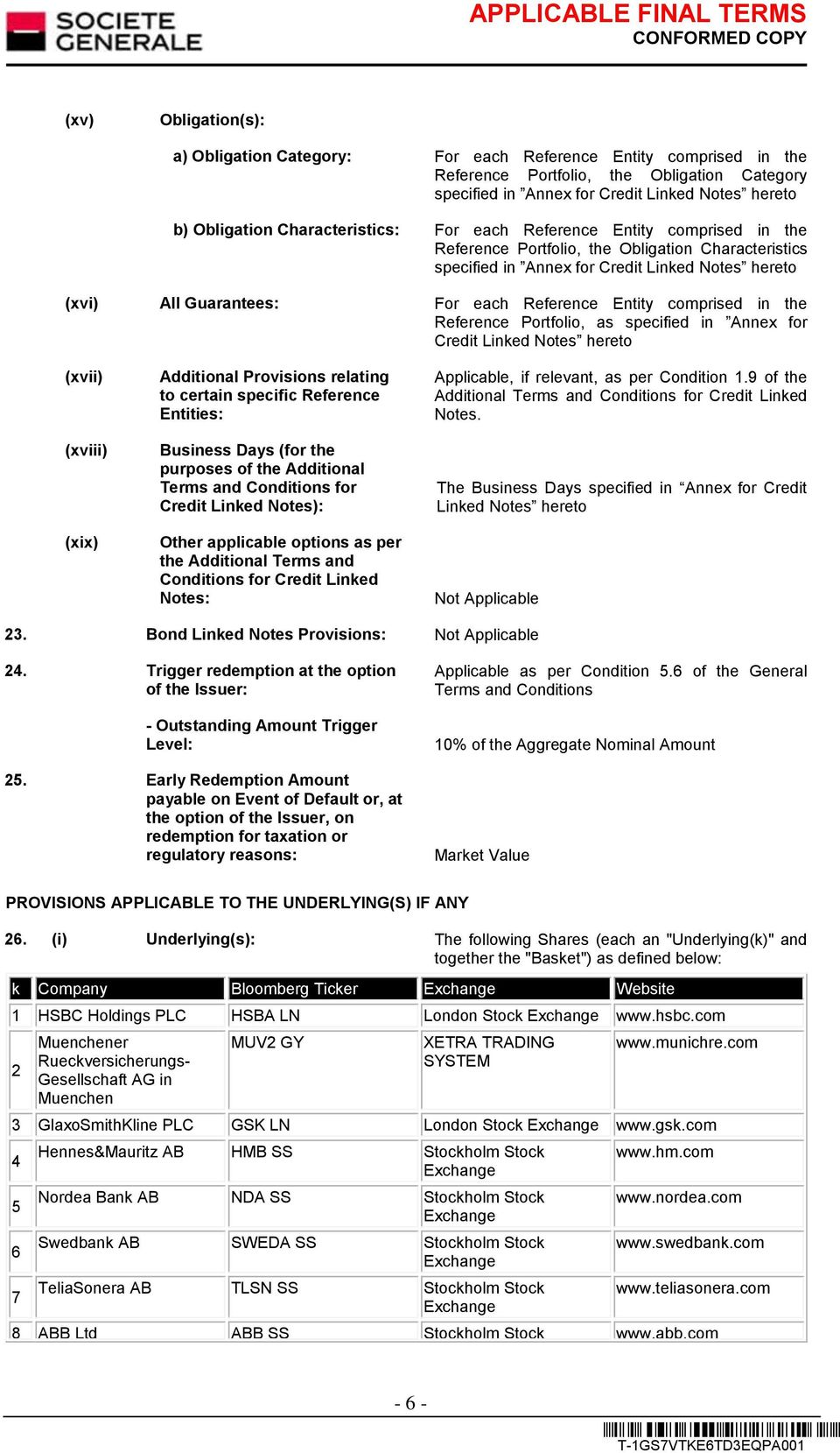 Reference Entity comprised in the Reference Portfolio, as specified in Annex for Credit Linked Notes hereto (xvii) (xviii) (xix) Additional Provisions relating to certain specific Reference Entities: