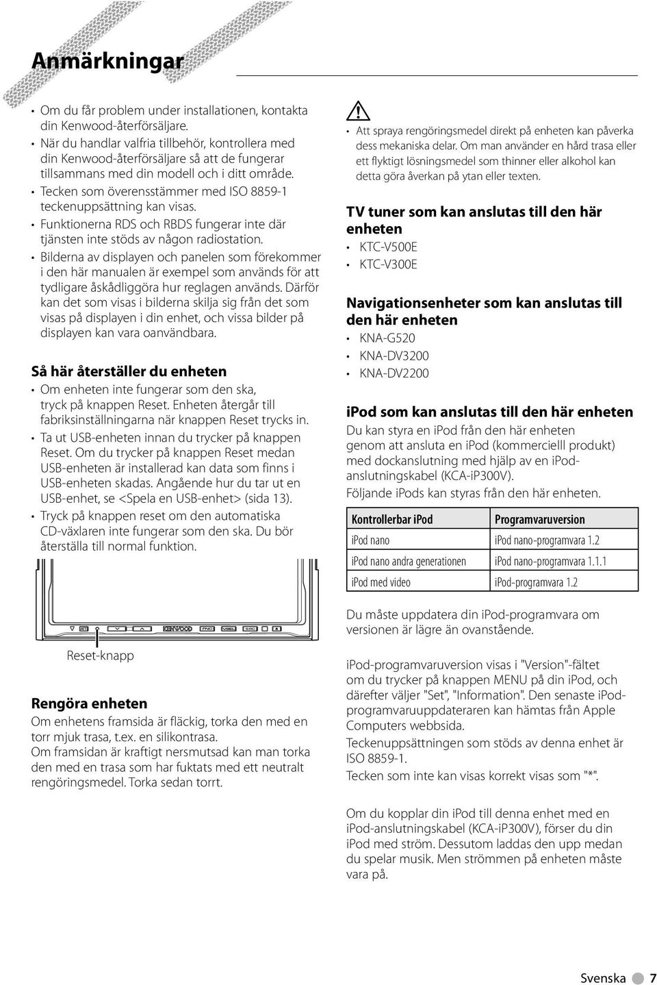 Tecken som överensstämmer med ISO 8859- teckenuppsättning kan visas. Funktionerna RDS och RBDS fungerar inte där tjänsten inte stöds av någon radiostation.