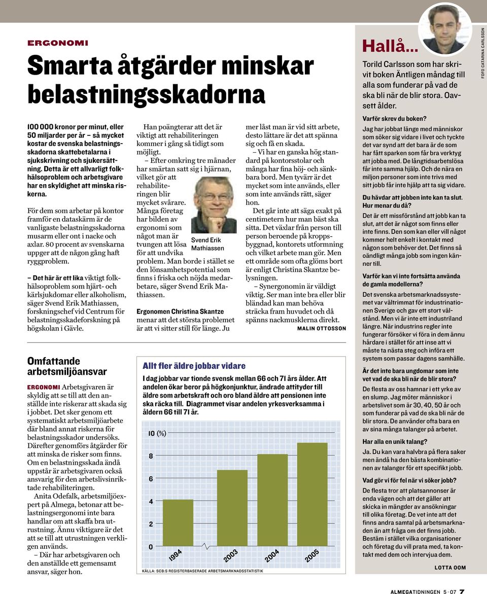 För dem som arbetar på kontor framför en dataskärm är de vanligaste belastningsskadorna musarm eller ont i nacke och axlar. 80 procent av svenskarna uppger att de någon gång haft ryggproblem.