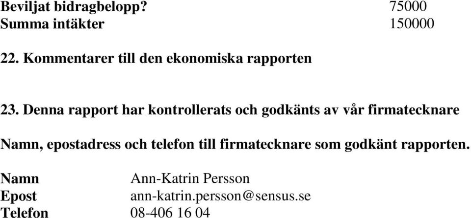 Denna rapport har kontrollerats och godkänts av vår firmatecknare Namn,