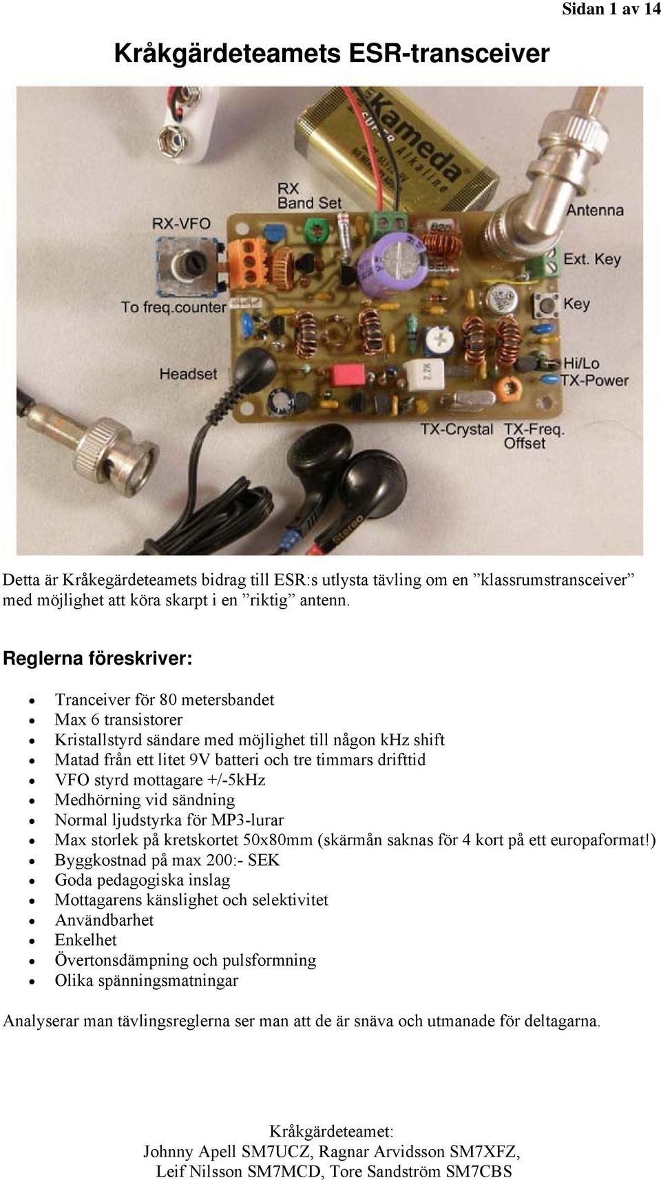 mottagare +/-5kHz Medhörning vid sändning Normal ljudstyrka för MP3-lurar Max storlek på kretskortet 50x80mm (skärmån saknas för 4 kort på ett europaformat!