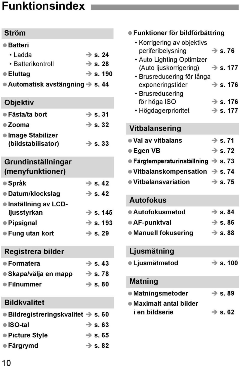 78 Filnummer s. 80 Bildvalitet Bildregistreringsvalitet s. 60 ISO-tal s. 63 Picture Style s. 65 Färgrymd s. 82 Funtioner för bildförbättring Korrigering av objetivs periferibelysning s.