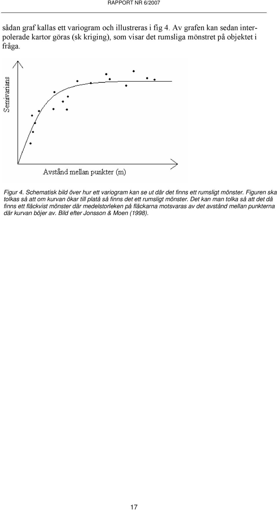 Schematisk bild över hur ett variogram kan se ut där det finns ett rumsligt mönster.