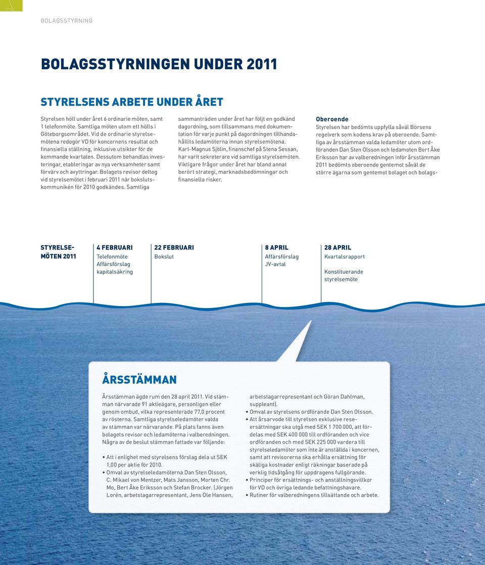 Dessutom behandlas investeringar, etableringar av nya verksamheter samt förvärv och avyttringar. Bolagets revisor deltog vid styrelsemötet i februari 2011 när bokslutskommunikén för 2010 godkändes.
