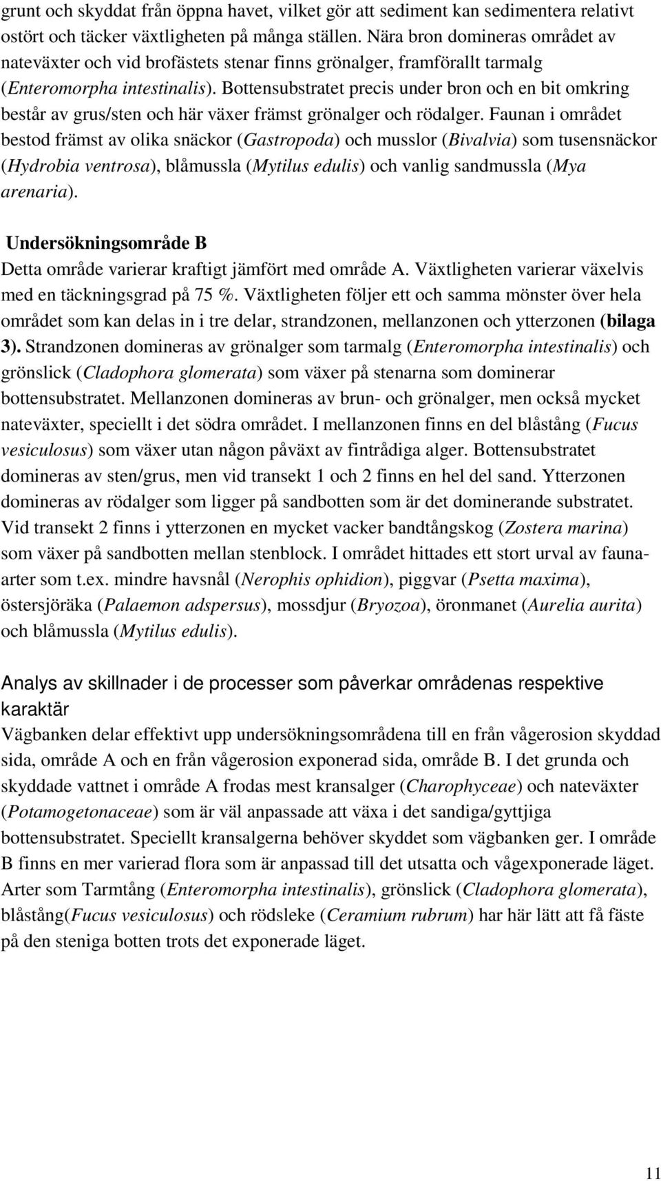 Bottensubstratet precis under bron och en bit omkring består av grus/sten och här växer främst grönalger och rödalger.