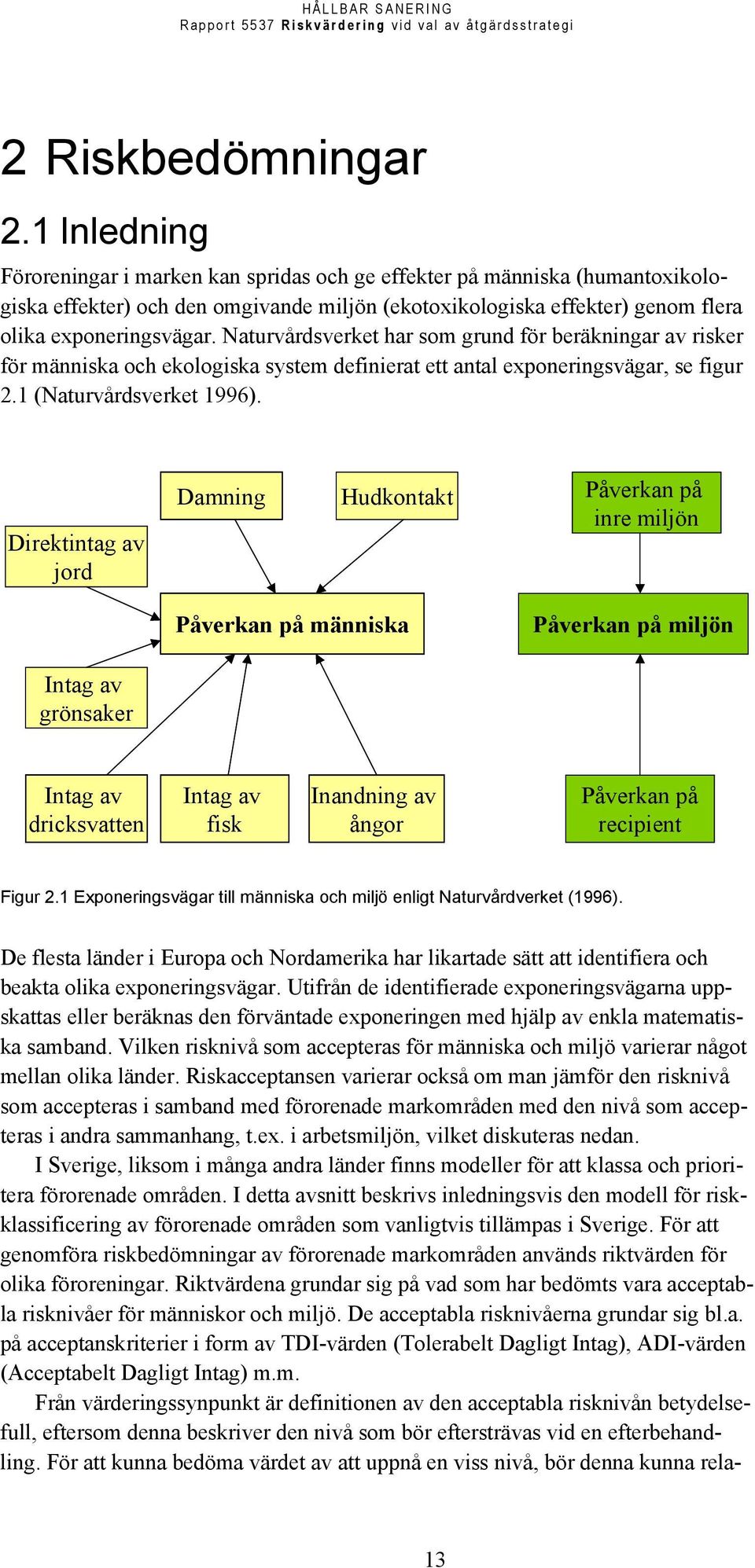 Naturvårdsverket har som grund för beräkningar av risker för människa och ekologiska system definierat ett antal exponeringsvägar, se figur 2.1 (Naturvårdsverket 1996).