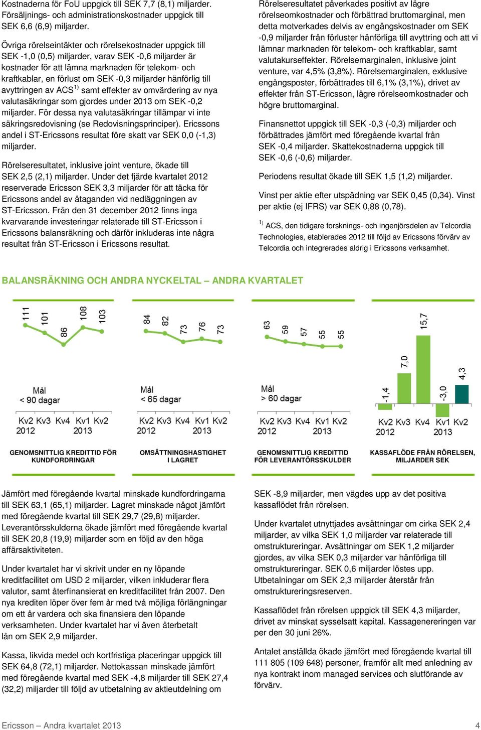 miljarder hänförlig till avyttringen av ACS 1) samt effekter av omvärdering av nya valutasäkringar som gjordes under om SEK -0,2 miljarder.