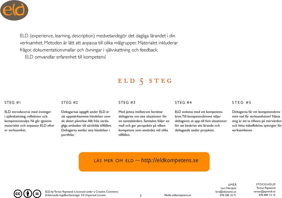 eld 5 steg STEG #1 STEG #2 STEG #3 STEG #4 STEG #5 ELD introduceras med övningar i självskattning, reflektion och kompetensanalys. Ni går igenom materialet och anpassar ELD efter er verksamhet.