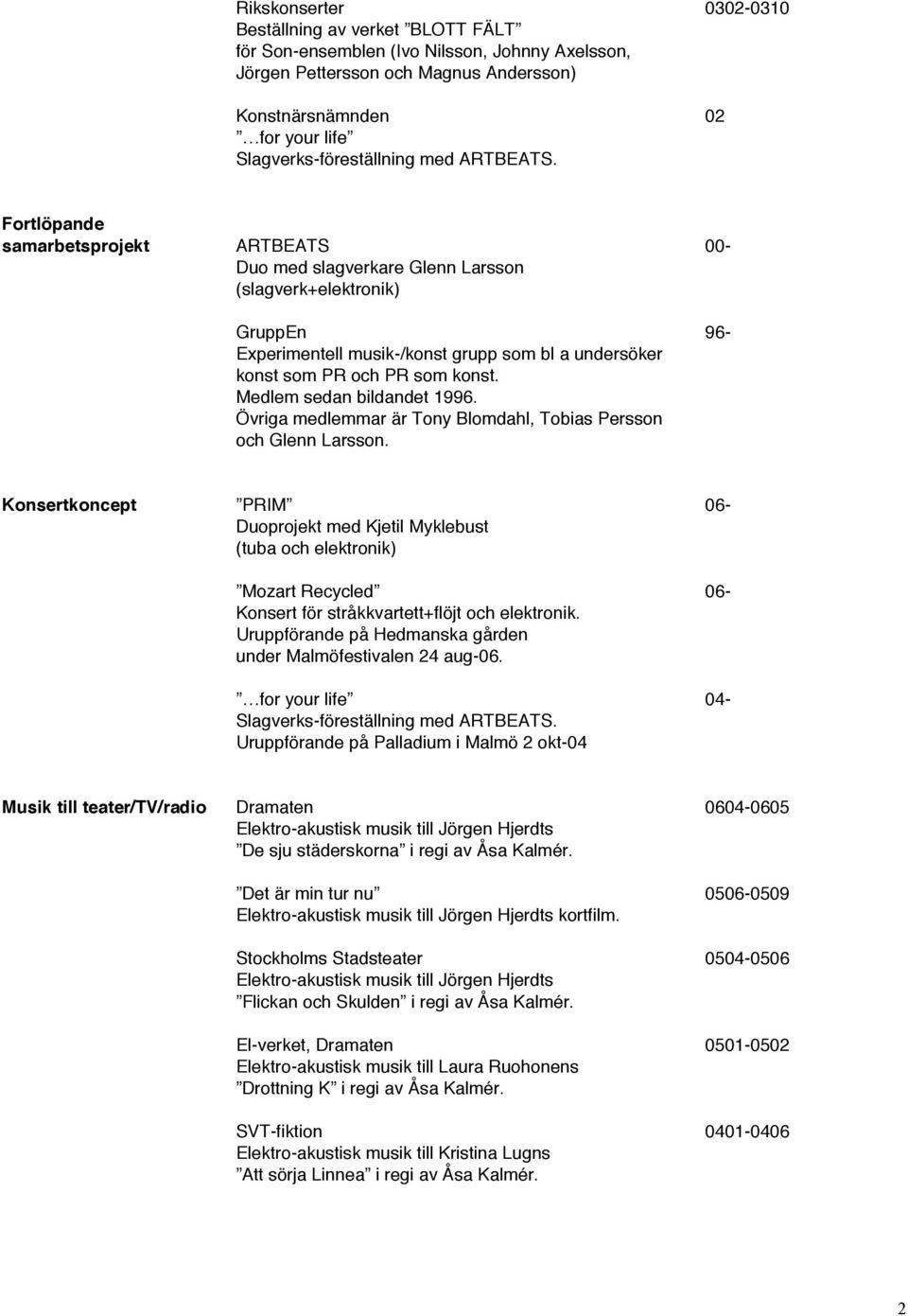 Fortlöpande samarbetsprojekt ARTBEATS 00- Duo med slagverkare Glenn Larsson (slagverk+elektronik) GruppEn 96- Experimentell musik-/konst grupp som bl a undersöker konst som PR och PR som konst.