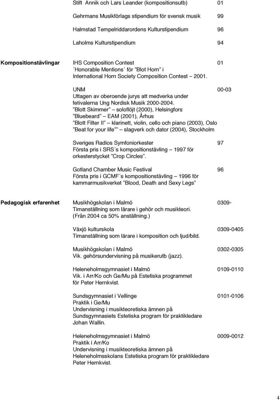 UNM 00-03 Uttagen av oberoende jurys att medverka under fetivalerna Ung Nordisk Musik 2000-2004.